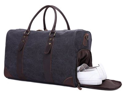Canvas Leather Trim Travel Duffel Shoulder Handbag Weekender Carry On Luggage with Shoe Pouch F24